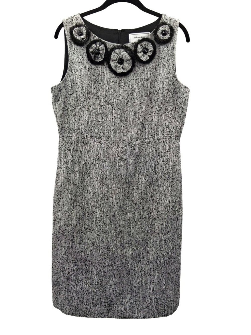 Willow Glenn New York Gray Black Tweed Sleeveless Dress With Floral Bead Accents